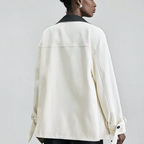 White Casual Women's Elegant Collar Jacket With Buttons - Picture 2 of 7